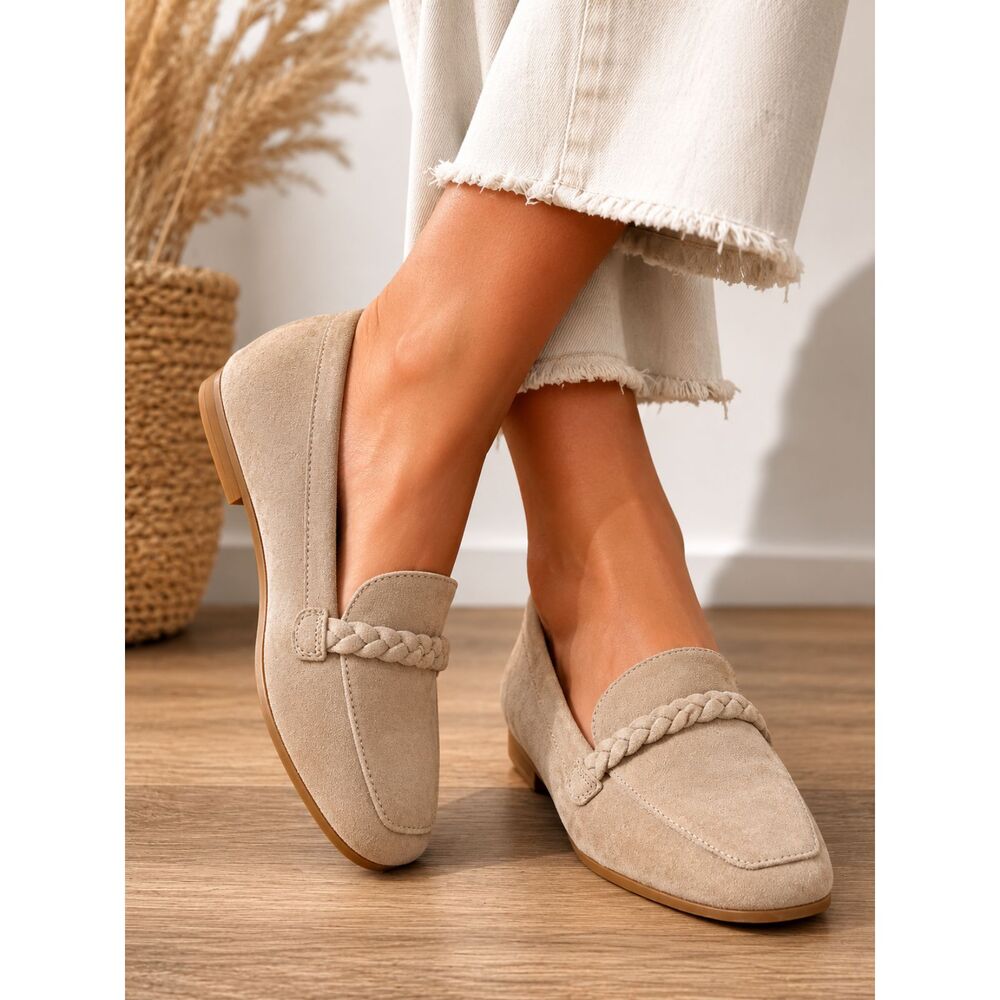 Jolie Beige Suede Loafer Shoes Women's Size 7.5M Braided Accent Comfort Flat